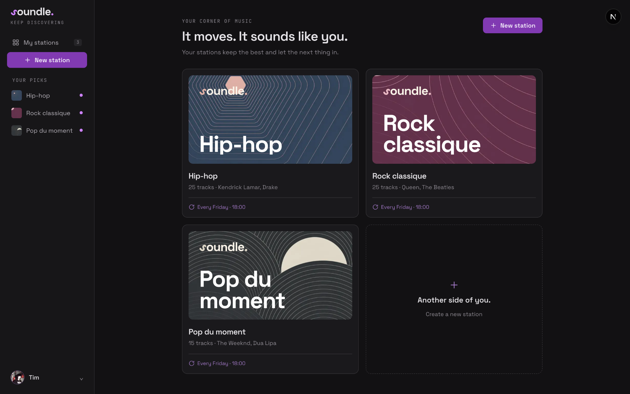 Soundle dashboard showing stations that refresh over time