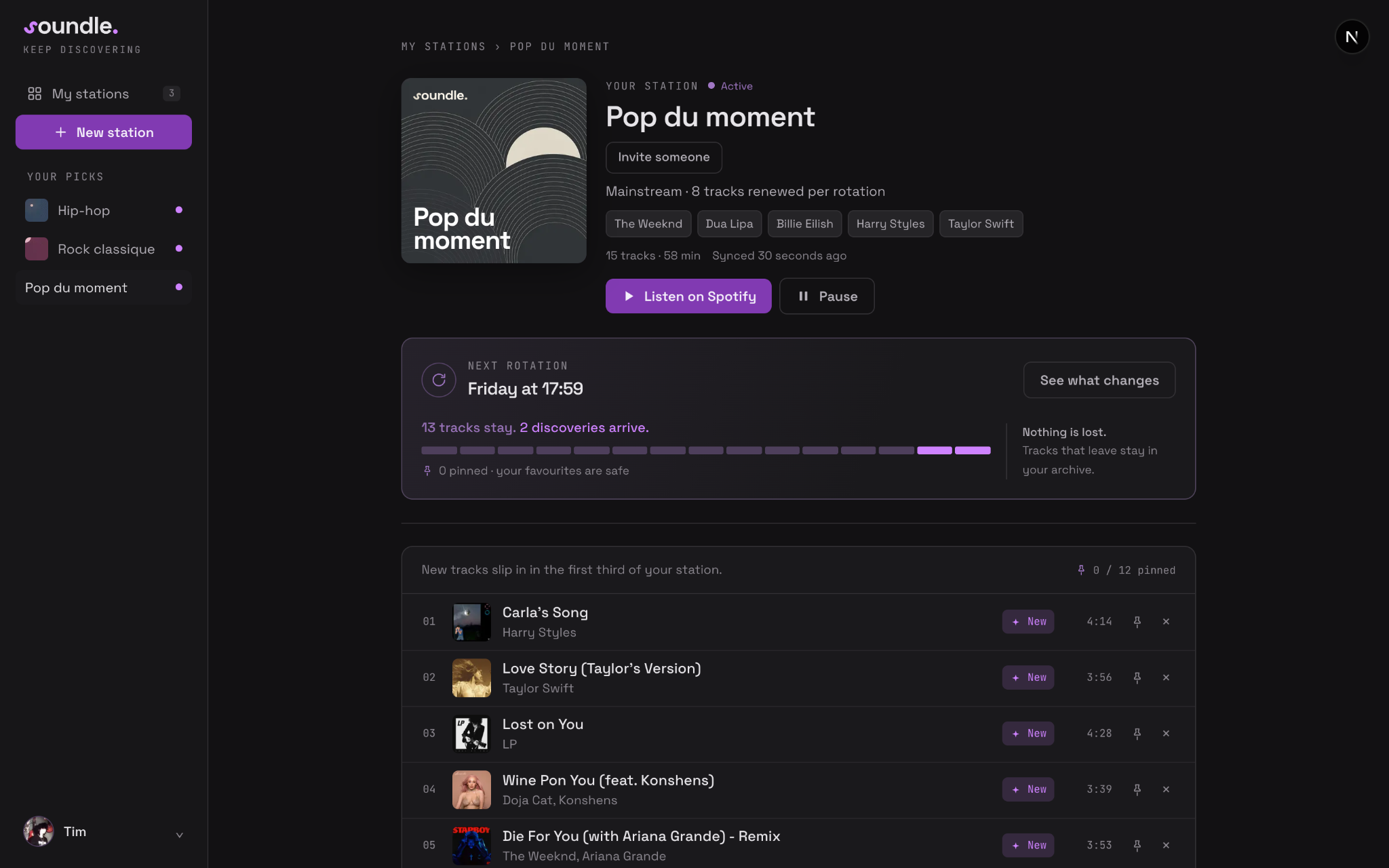 A live Soundle station with tracks and an upcoming rotation